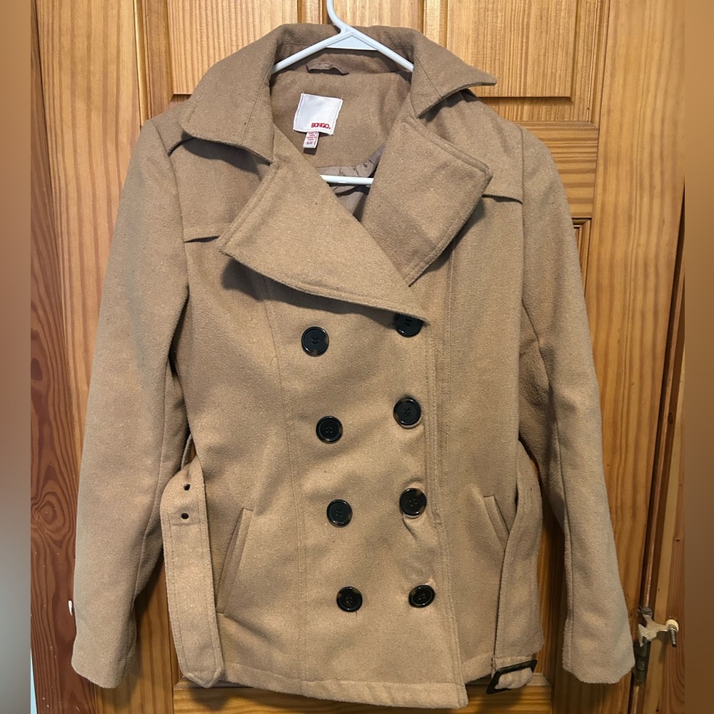 BONGO Women's Beige Pea Coat Double Breasted Belted Lined Pockets Size S/c